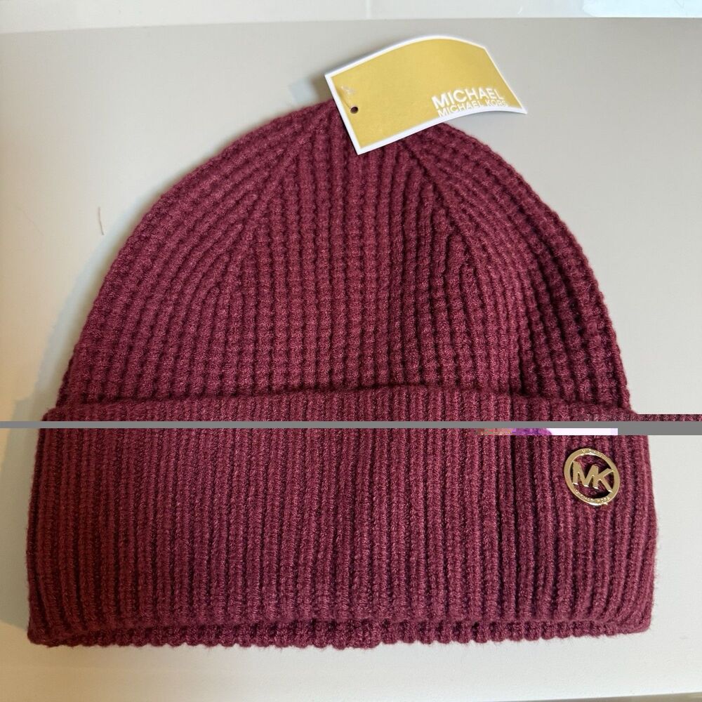 Michael Kors Adult Women’s Wine Burgundy Logo Cuff Knit Warm Beanie Hat New